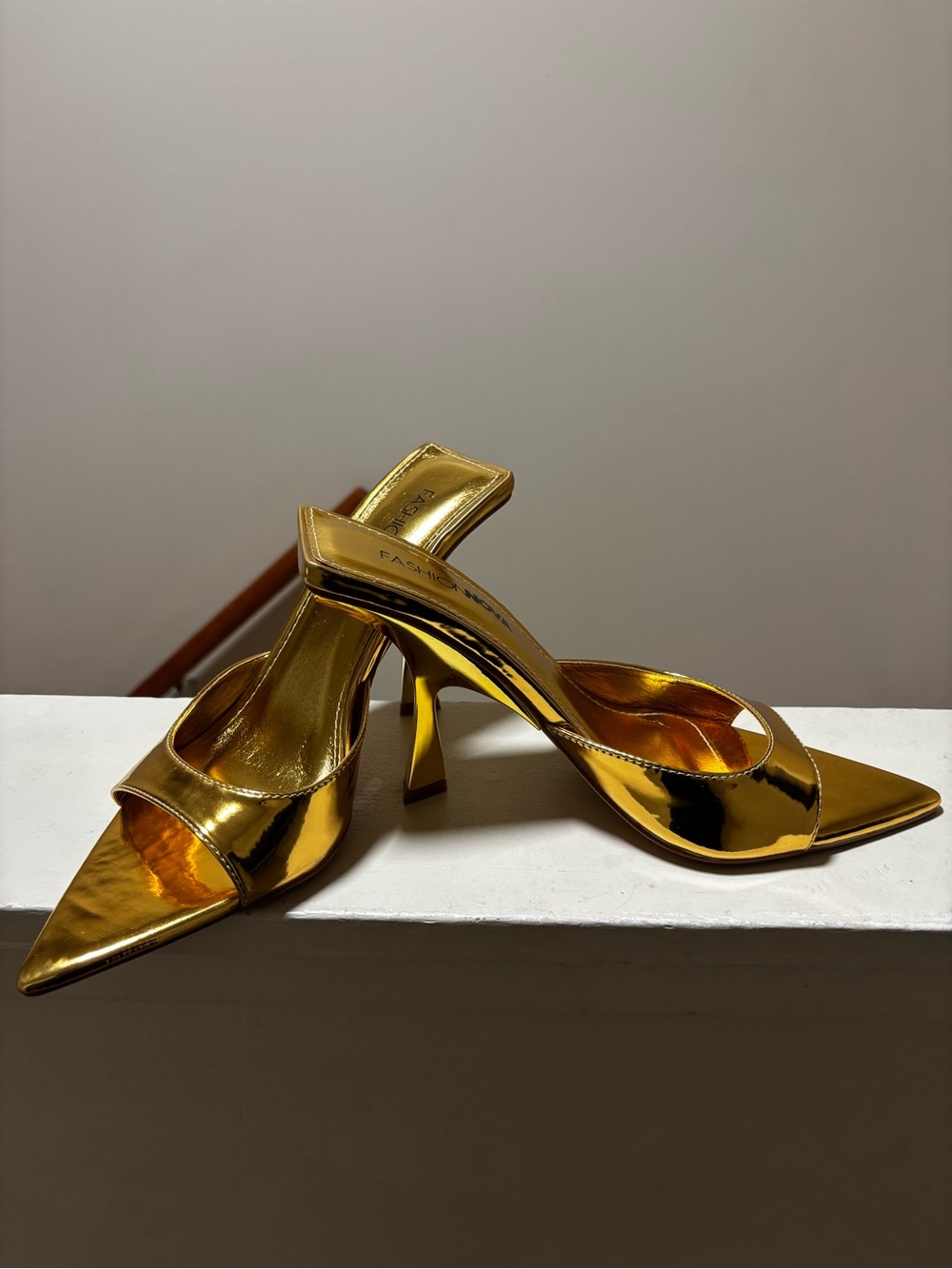 Gold Metallic Pointed-Toe Mule Heels - Women